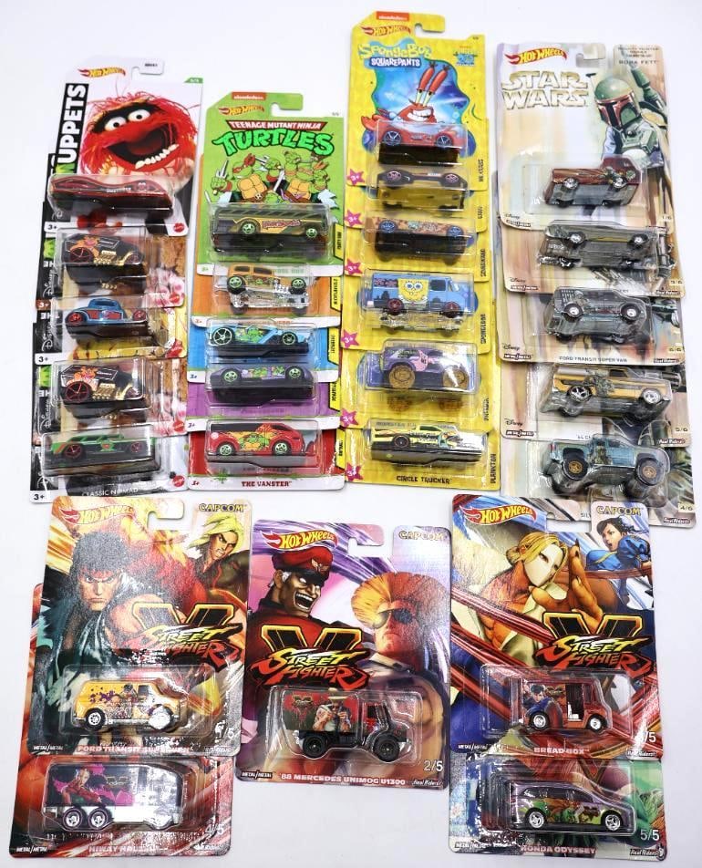 Pop Culture Themed Hot Wheels Diecast Cars: Hot Wheels branded Muppets, Teenage Mutant Ninja Turtles, Spongebob, Star Wars, and Street Fights collectable cars