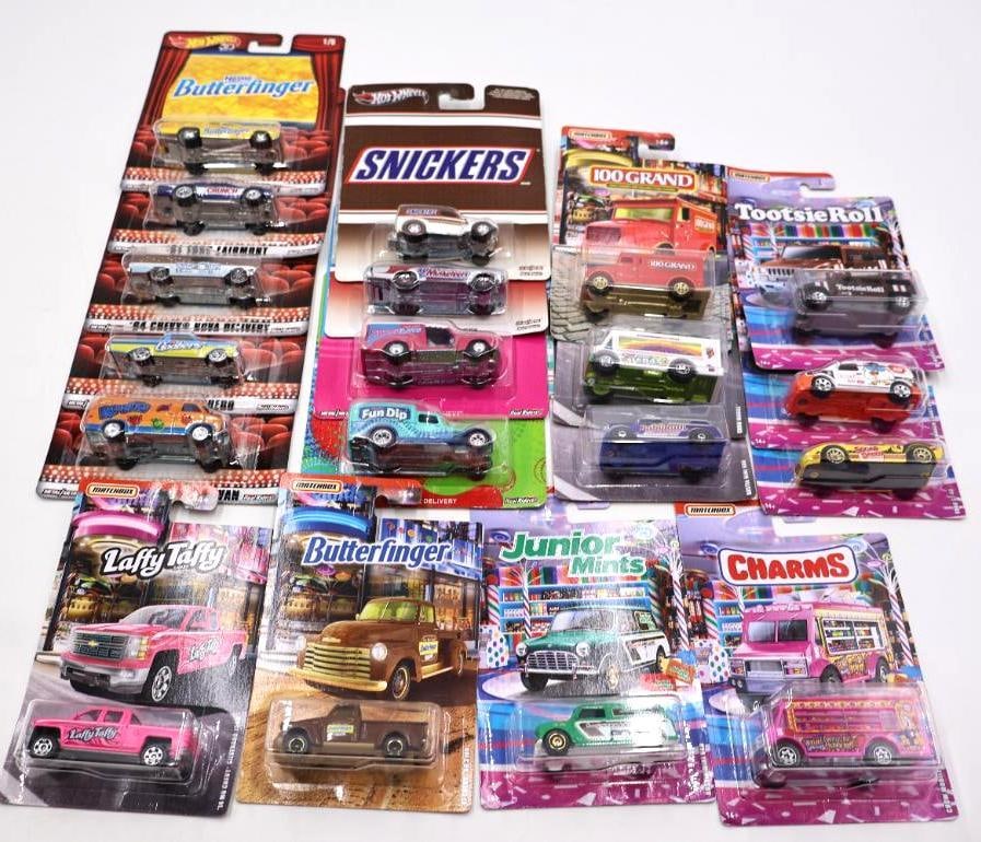 Collection of Candy Themed Hot Wheels Diecast Cars: Hot Wheels branded cars with themes like Snickers, Laffy Taffy, Butterfingers, and more