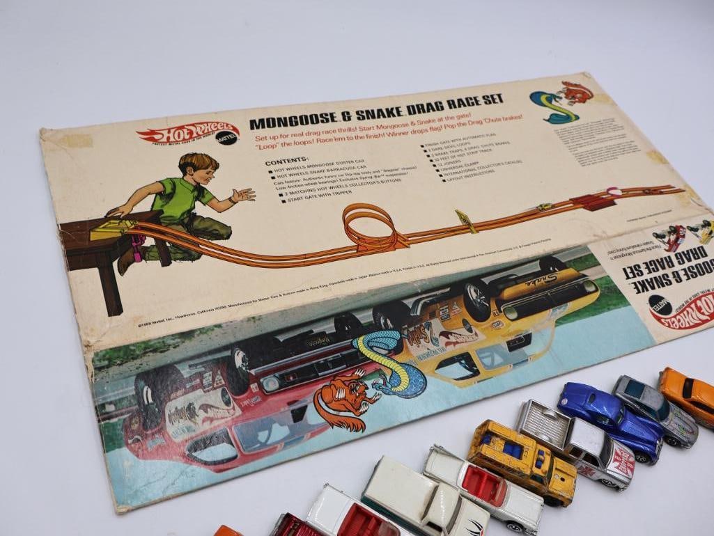 Various Hot Wheel Cars and Vintage Drag Race Set Box - 7