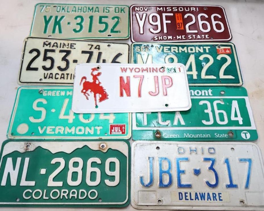 Collection of Various State Vintage License Plates: Includes Oklahoma, Maine, Vermont, Colorado, Missouri, Wyoming, and Ohio