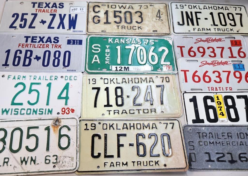 Vintage Specialty License Plates: Texas Trailer and Fertilizer Truck plates, Wisconsin Farm Trailer, Washington Trailer, Iowa Truck, Kansas Truck, Oklahoma tractor and two Farm Truck, South Dakota Trailer and commercial trailer