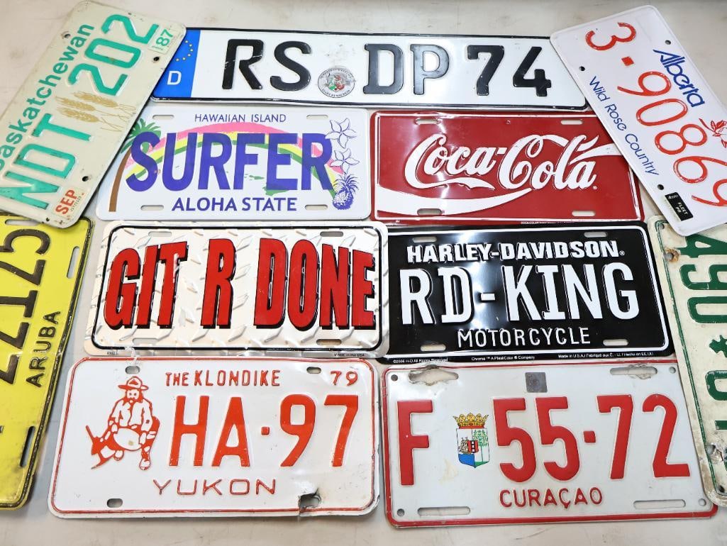 Foreign and Novelty License Plates: Plates includes Aruba, Canada plates, European, and novelty plates like Coca-Cola and Harley Davidson