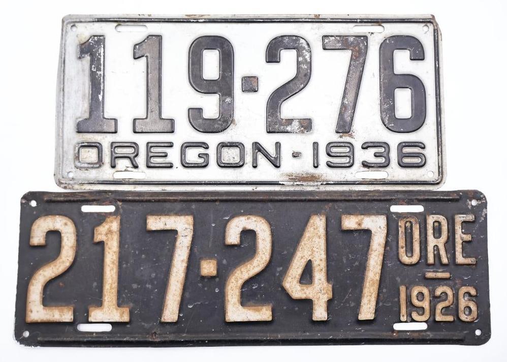 Two Antique Oregon License Plates: Oregon 1926 and 1936