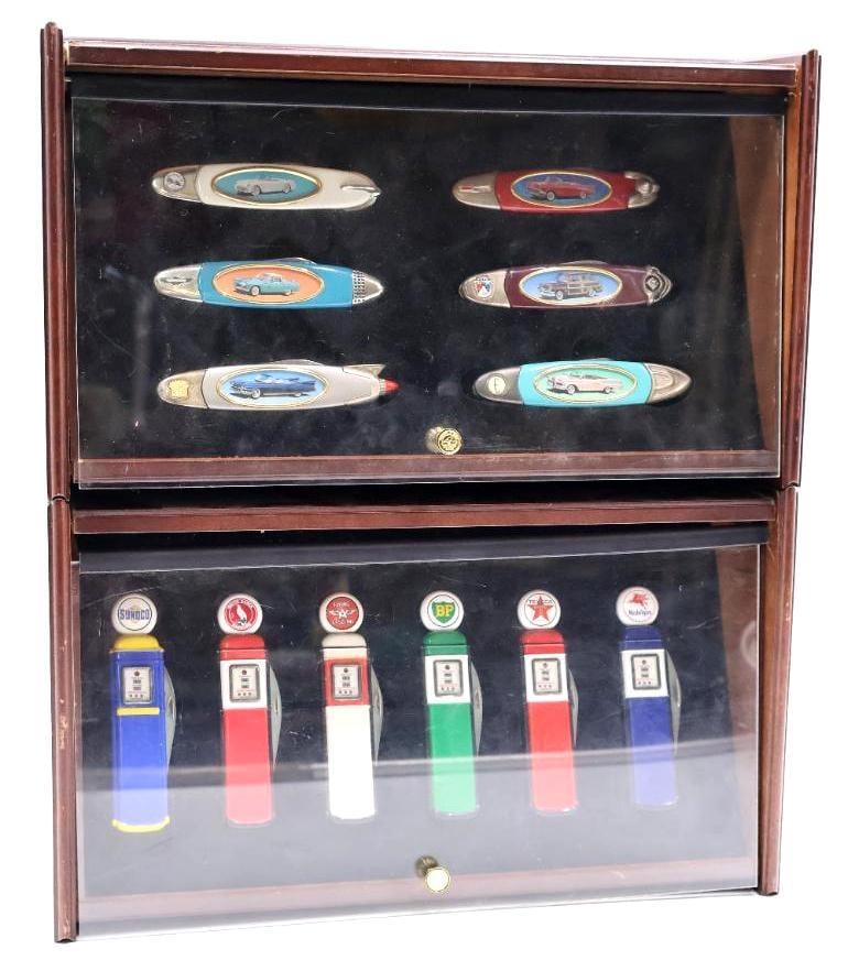 Two Cases of Collectable Car and Gas Pump Pocket Knives: Two Franklin Mint sets of collector knives, one set featuring cars and the other gas pumps