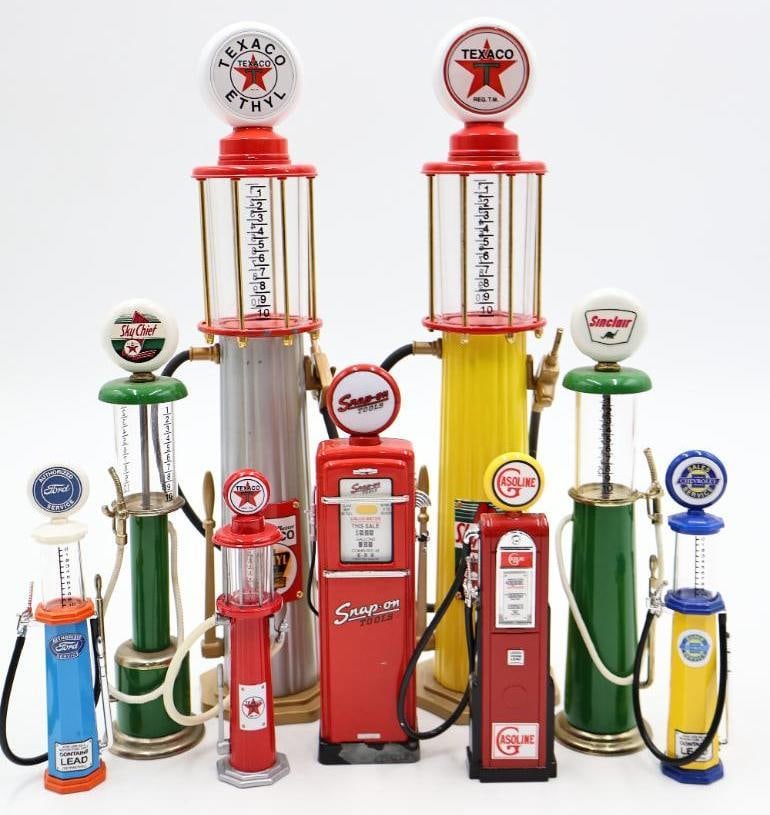 Collection of Metal Diecast Pump Replicas: Great detail miniature vintage gas pump replicas, Snap on bank, brands include 1:18 Road Signature, Gearbox, and more