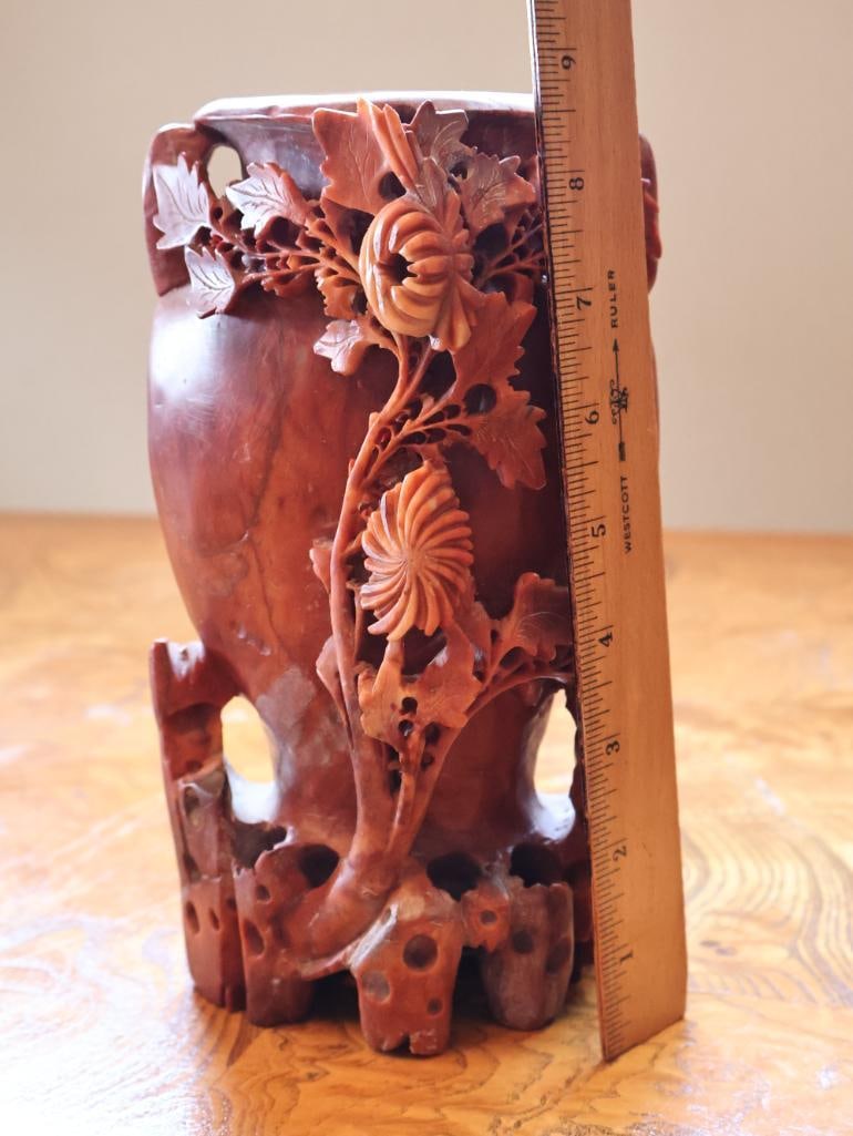 Chinese Carved Soapstone Floral Brush Pot or Vase, Signed - 2