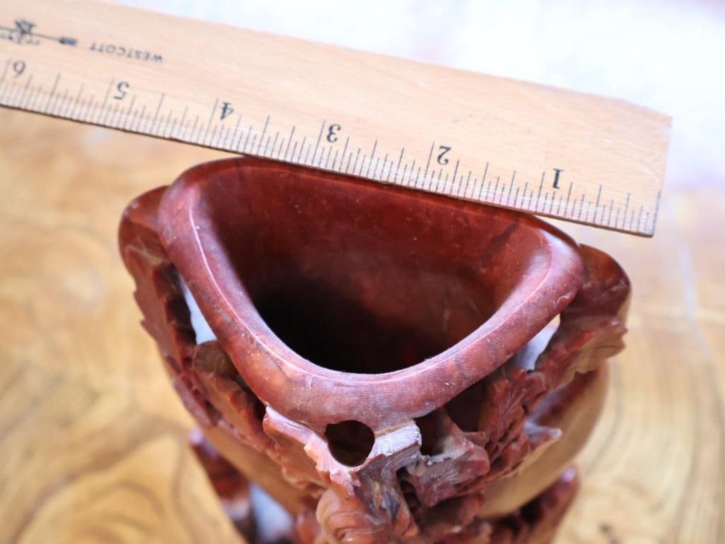 Chinese Carved Soapstone Floral Brush Pot or Vase, Signed - 3