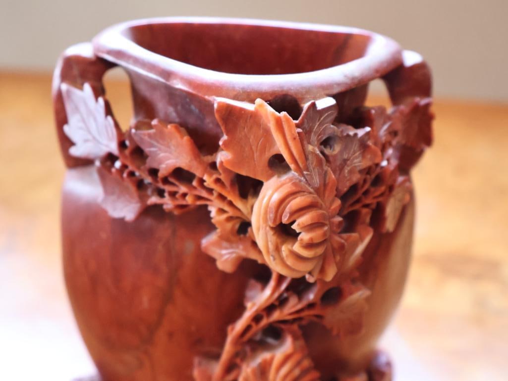 Chinese Carved Soapstone Floral Brush Pot or Vase, Signed - 4