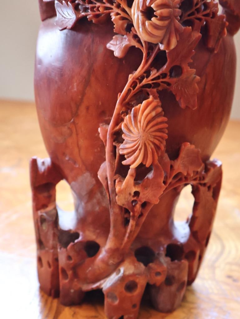 Chinese Carved Soapstone Floral Brush Pot or Vase, Signed - 5