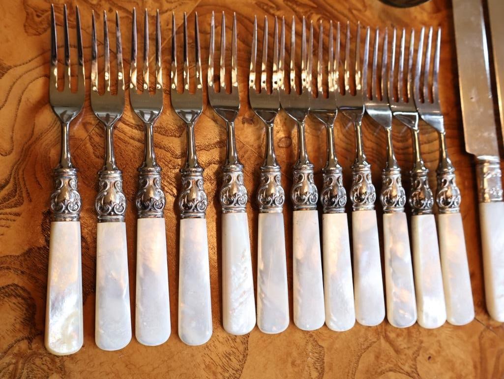 Antique Mother-of-Pearl Handled Flatware & Serving Utensil Collection - 9