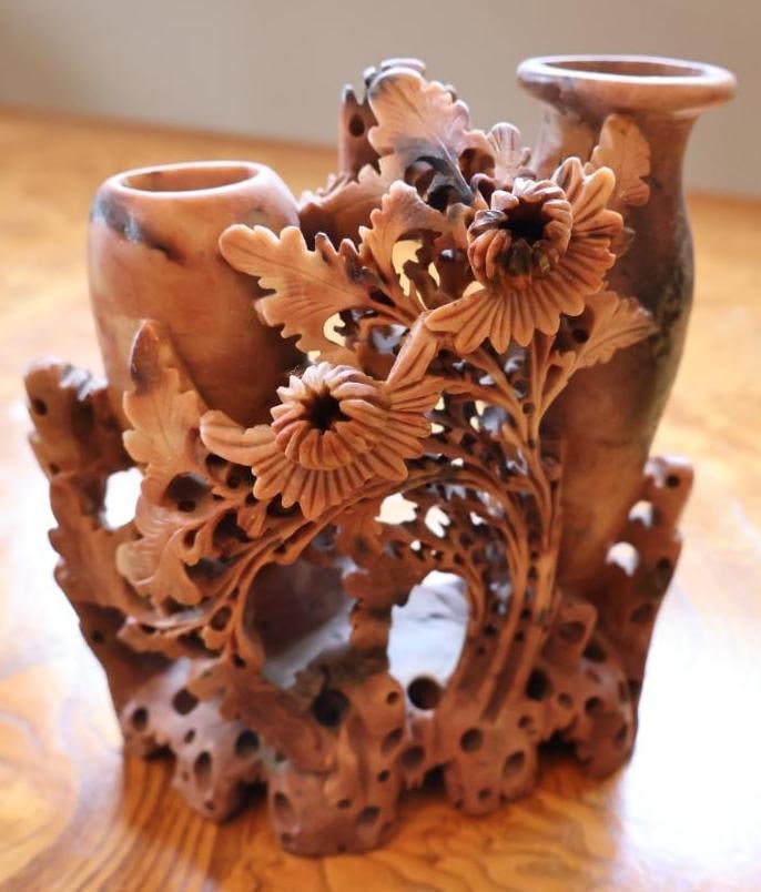 Chinese Carved Soapstone Floral Vase / Brush Pot (1 of 8)