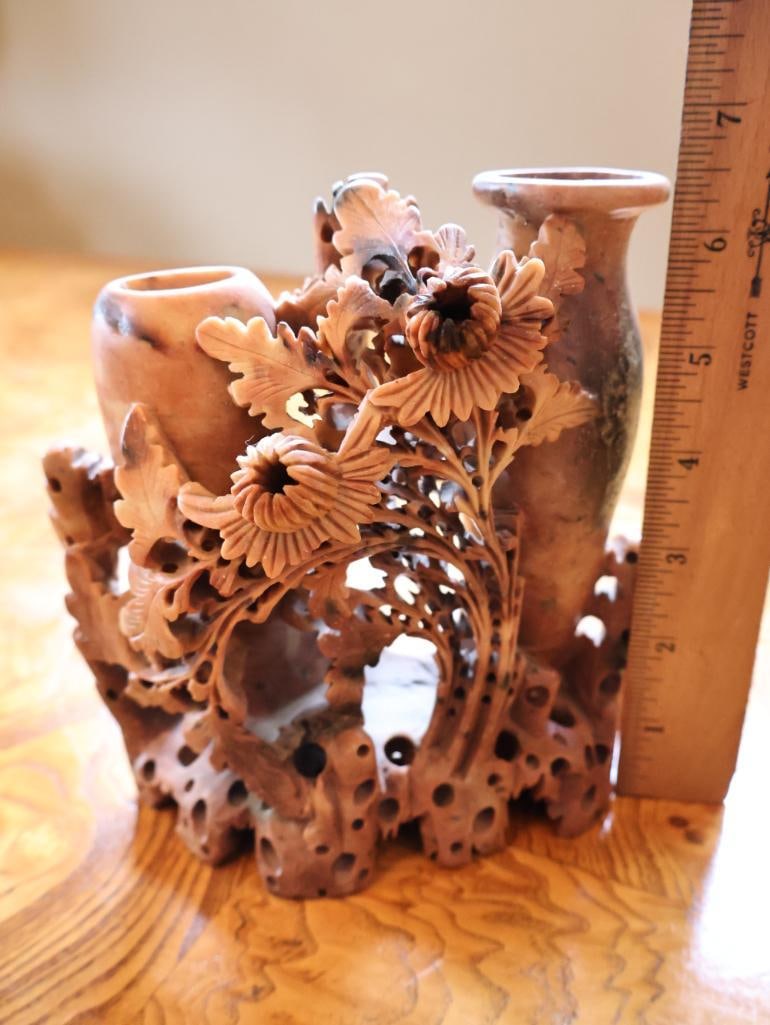 Chinese Carved Soapstone Floral Vase / Brush Pot - 2