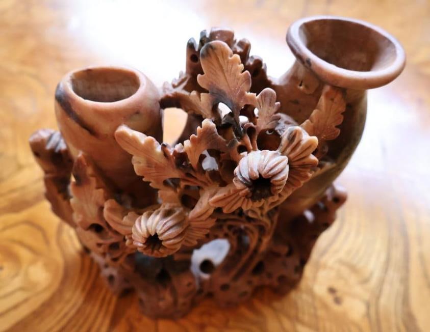 Chinese Carved Soapstone Floral Vase / Brush Pot - 3