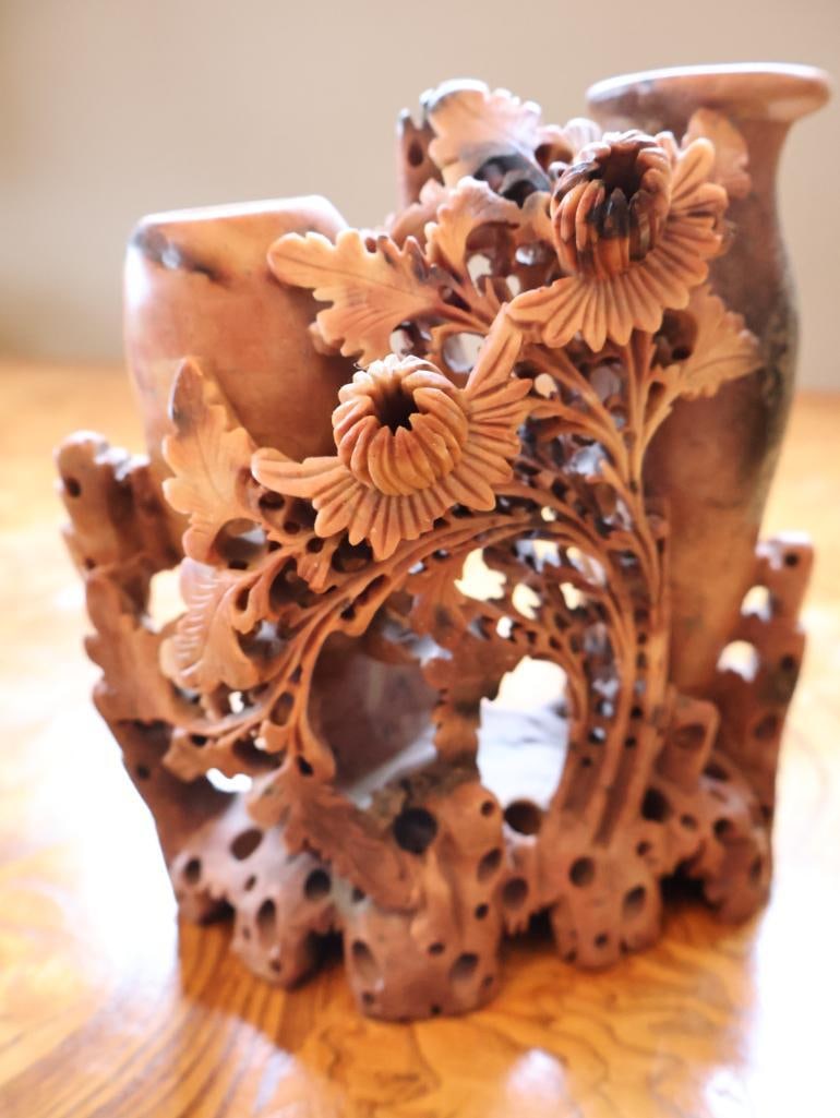 Chinese Carved Soapstone Floral Vase / Brush Pot - 4