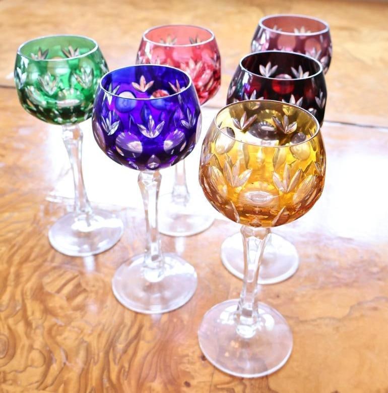 Vintage Nachtmann-Style Multicolor Cut-to-Clear Crystal Wine Goblets, Set of 6 (1 of 9)