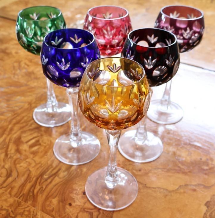 Vintage Nachtmann-Style Multicolor Cut-to-Clear Crystal Wine Goblets, Set of 6 - 2