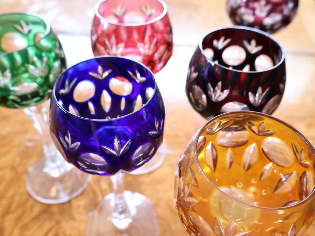 Vintage Nachtmann-Style Multicolor Cut-to-Clear Crystal Wine Goblets, Set of 6 - 8