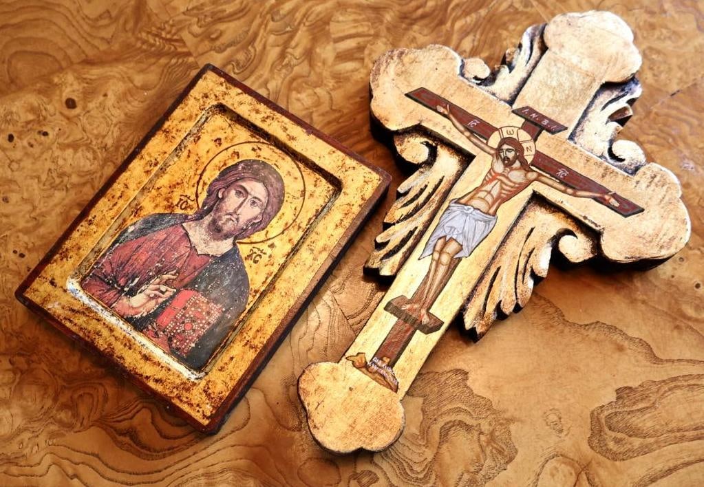 Pair of Greek Byzantine-Style Religious Icons: Two decorative Greek Orthodox/Byzantine-style religious icons on wood, including a gilt Christ Pantocrator plaque and an ornate crucifix. Cross retains a certificate label identifying it as hand paint