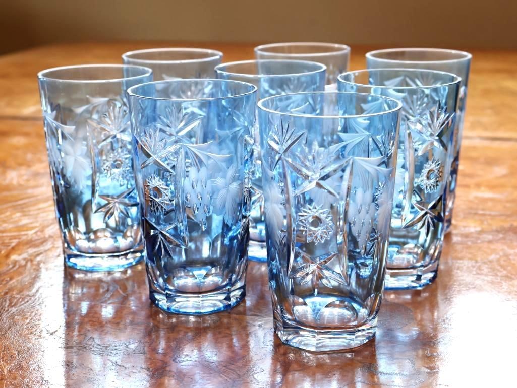 Set of Blue Cut Crystal Grape and Vine Highball Glasses (1 of 6)