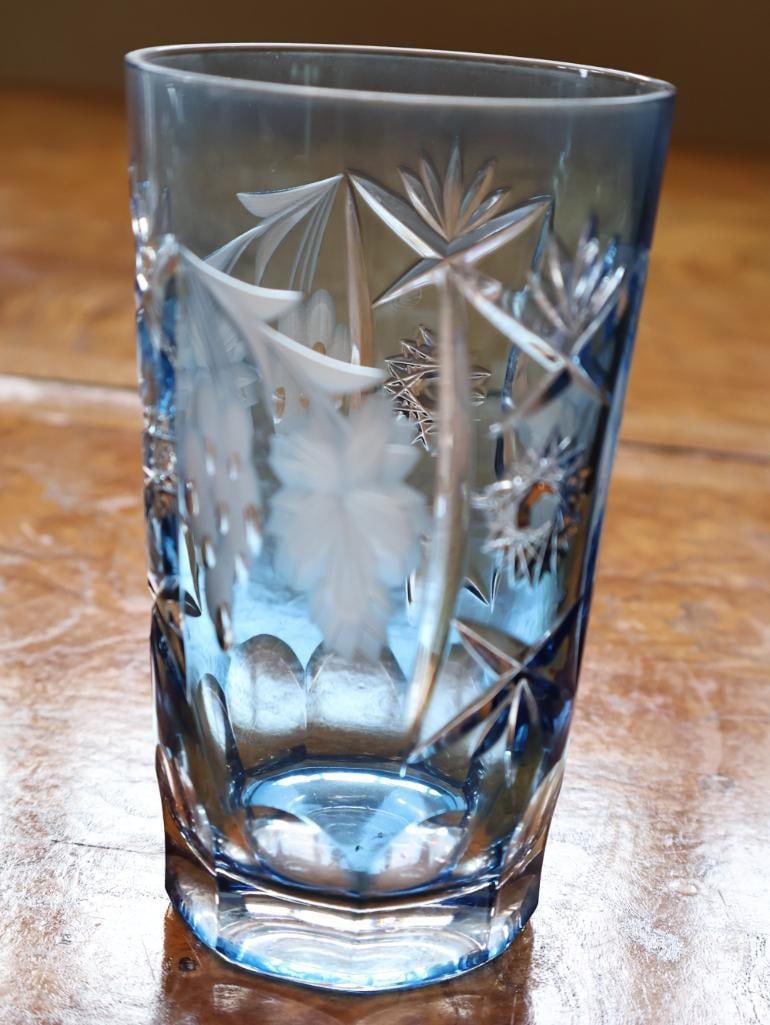 Set of Blue Cut Crystal Grape and Vine Highball Glasses - 3