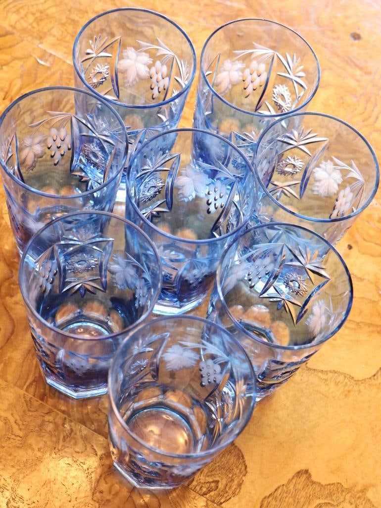 Set of Blue Cut Crystal Grape and Vine Highball Glasses - 6
