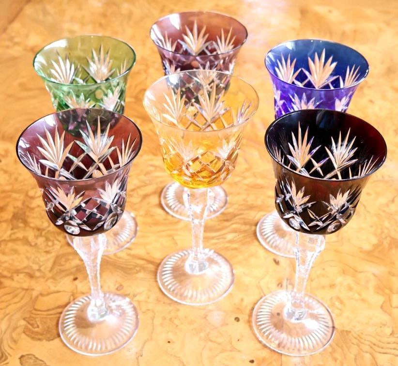 Set of Six Colored Cut Crystal Wine Goblets (1 of 7)
