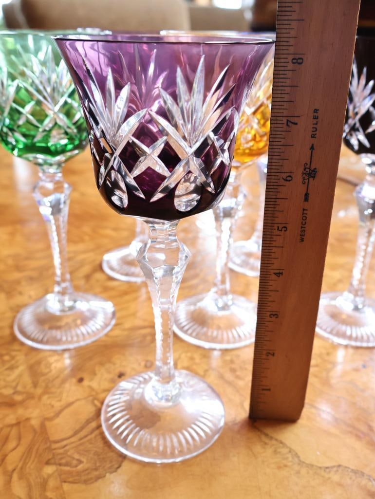 Set of Six Colored Cut Crystal Wine Goblets - 2