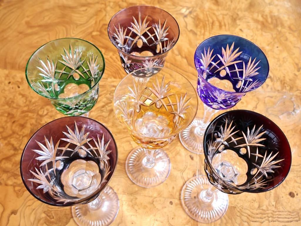 Set of Six Colored Cut Crystal Wine Goblets - 3