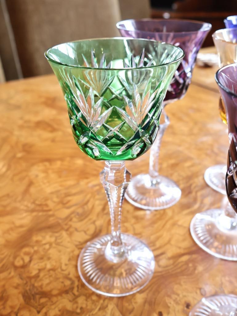 Set of Six Colored Cut Crystal Wine Goblets - 4