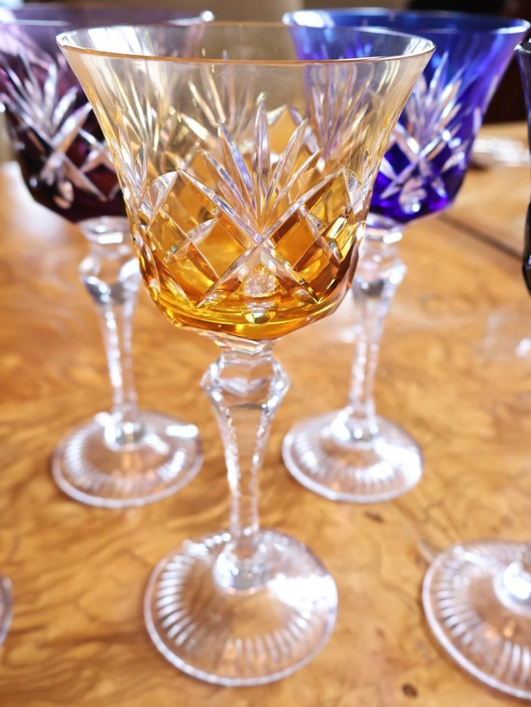 Set of Six Colored Cut Crystal Wine Goblets - 5