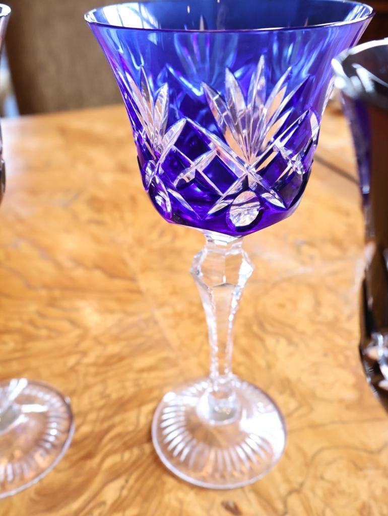 Set of Six Colored Cut Crystal Wine Goblets - 6