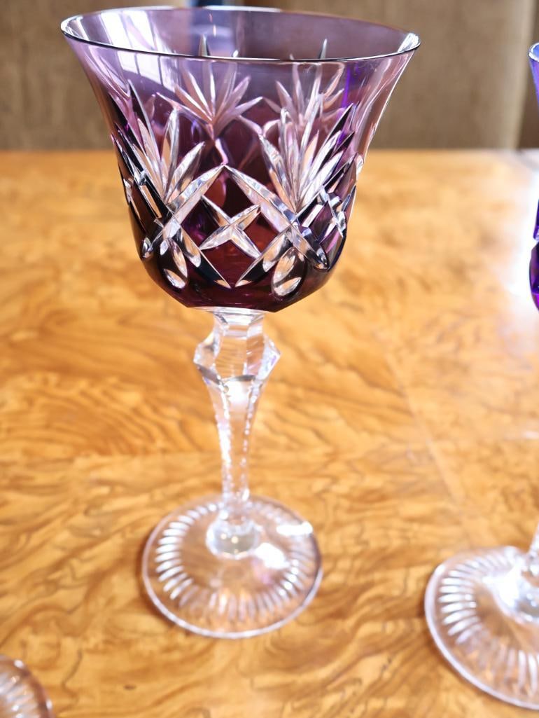 Set of Six Colored Cut Crystal Wine Goblets - 7