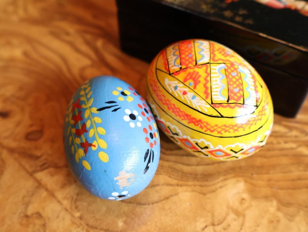 Russian Folk Art Collection Lacquer Box, Hand-Painted Eggs and Enameled Cup - 10