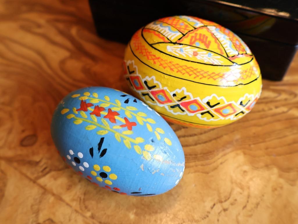 Russian Folk Art Collection Lacquer Box, Hand-Painted Eggs and Enameled Cup - 11