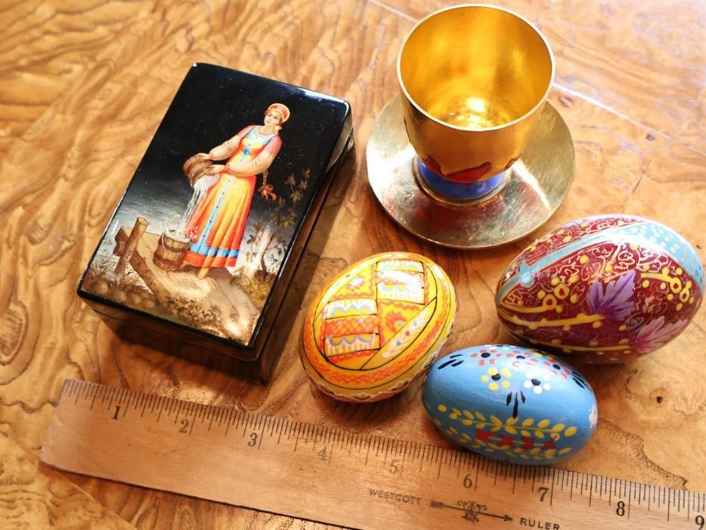 Russian Folk Art Collection Lacquer Box, Hand-Painted Eggs and Enameled Cup - 2