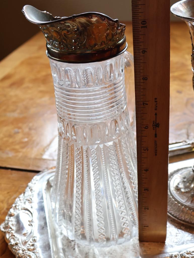 Vintage Crystal & Silverplate Serving Collection Candlestick, Pitcher & Tray - 10