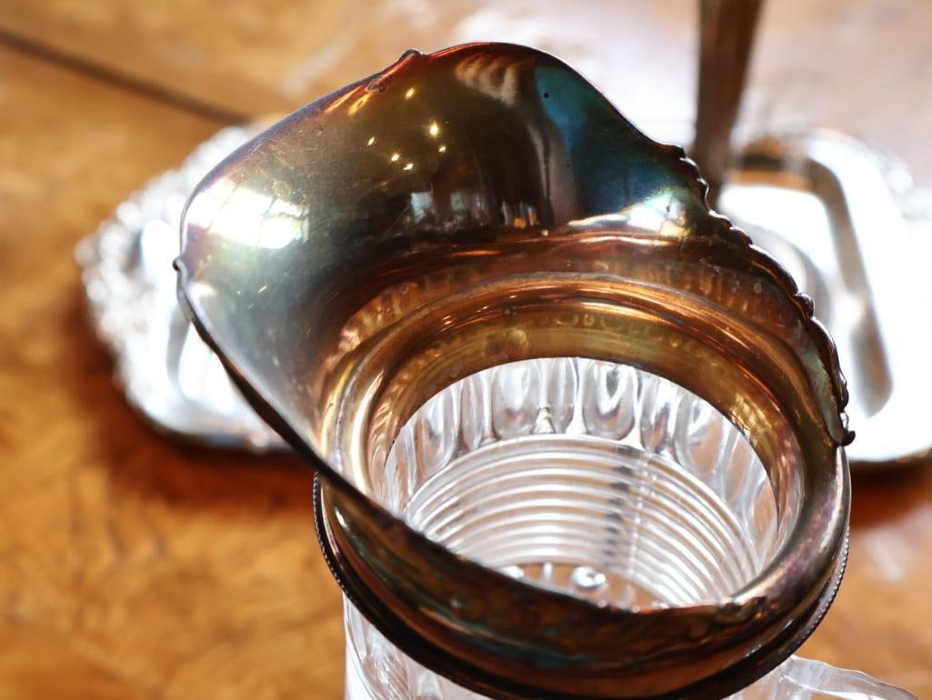 Vintage Crystal & Silverplate Serving Collection Candlestick, Pitcher & Tray - 11