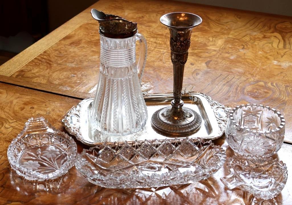 Vintage Crystal & Silverplate Serving Collection Candlestick, Pitcher & Tray (1 of 19)
