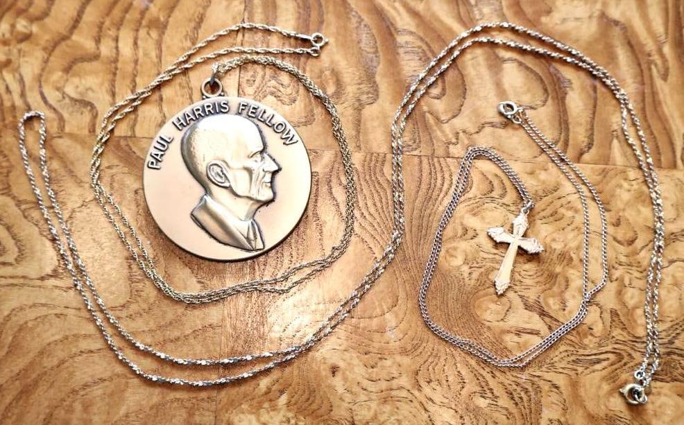 Vintage Gold-Filled Jewelry Lot 12K GF Cross, 14K GF Chain & Paul Harris Fellow Medal: Mixed vintage gold-tone/gold-filled jewelry lot including a cross pendant marked 12KT GF BLISS, fine chain marked 1/20 14K, additional chain, and a Paul Harris Fellow portrait medallion necklace.