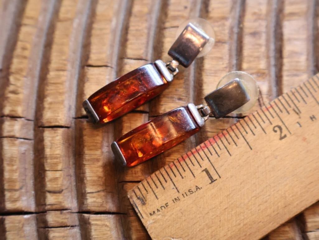Sterling Silver & Amber Jewelry Suite Bracelet, Ring & Earrings - 12