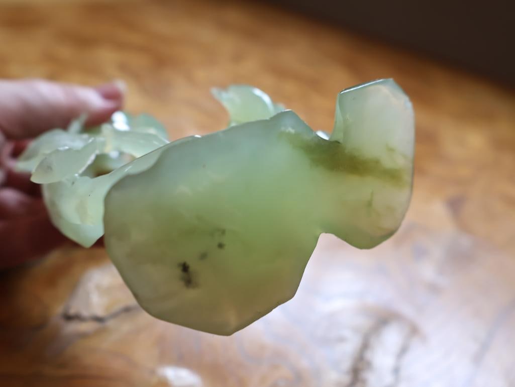 Chinese Carved Pale Green Hardstone Bird & Floral Sculpture on Wood Stand - 11