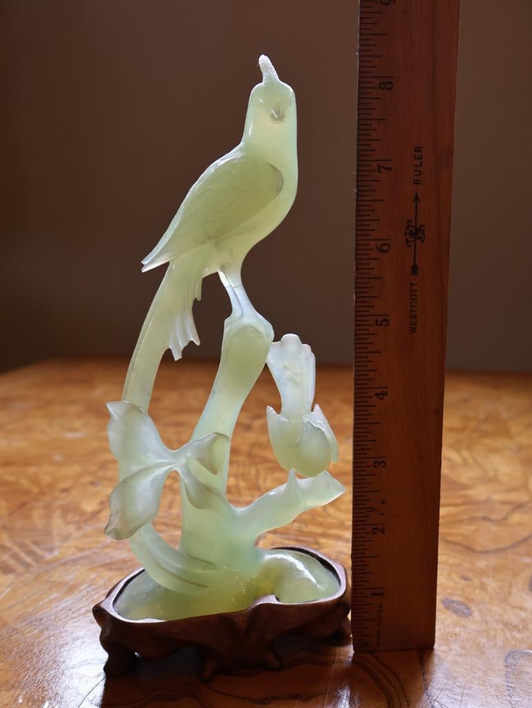 Chinese Carved Pale Green Hardstone Bird & Floral Sculpture on Wood Stand - 2