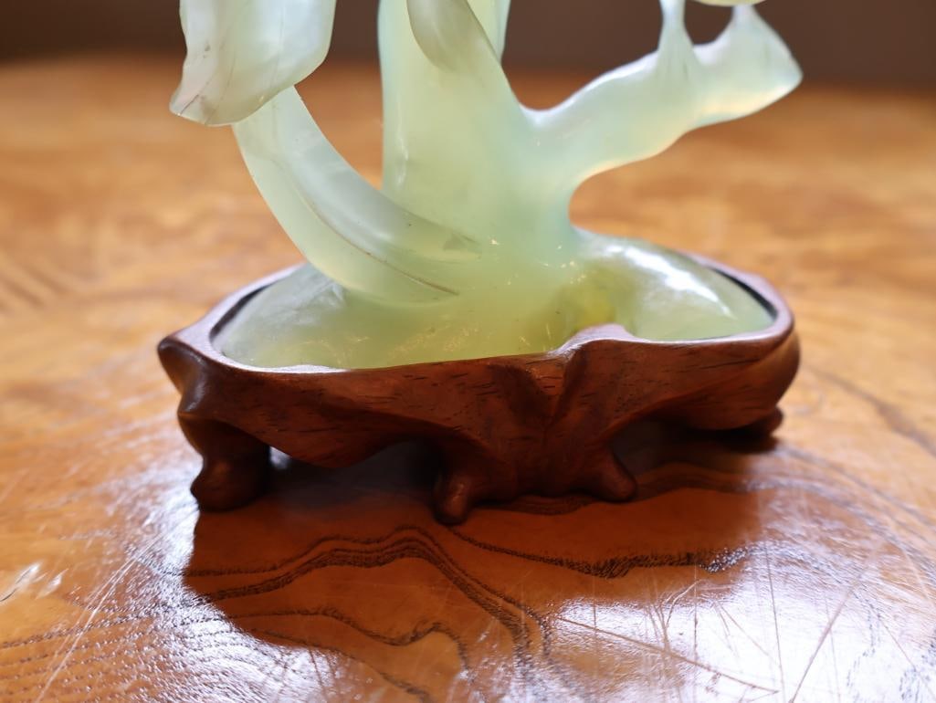 Chinese Carved Pale Green Hardstone Bird & Floral Sculpture on Wood Stand - 3