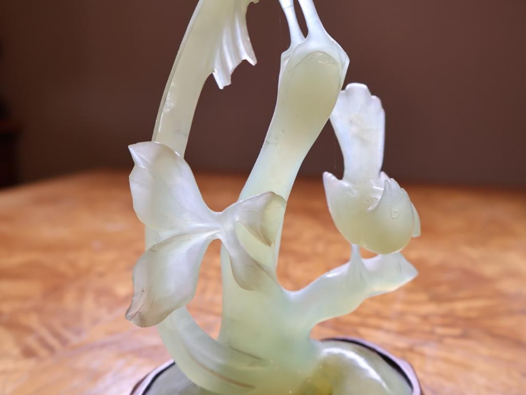 Chinese Carved Pale Green Hardstone Bird & Floral Sculpture on Wood Stand - 4