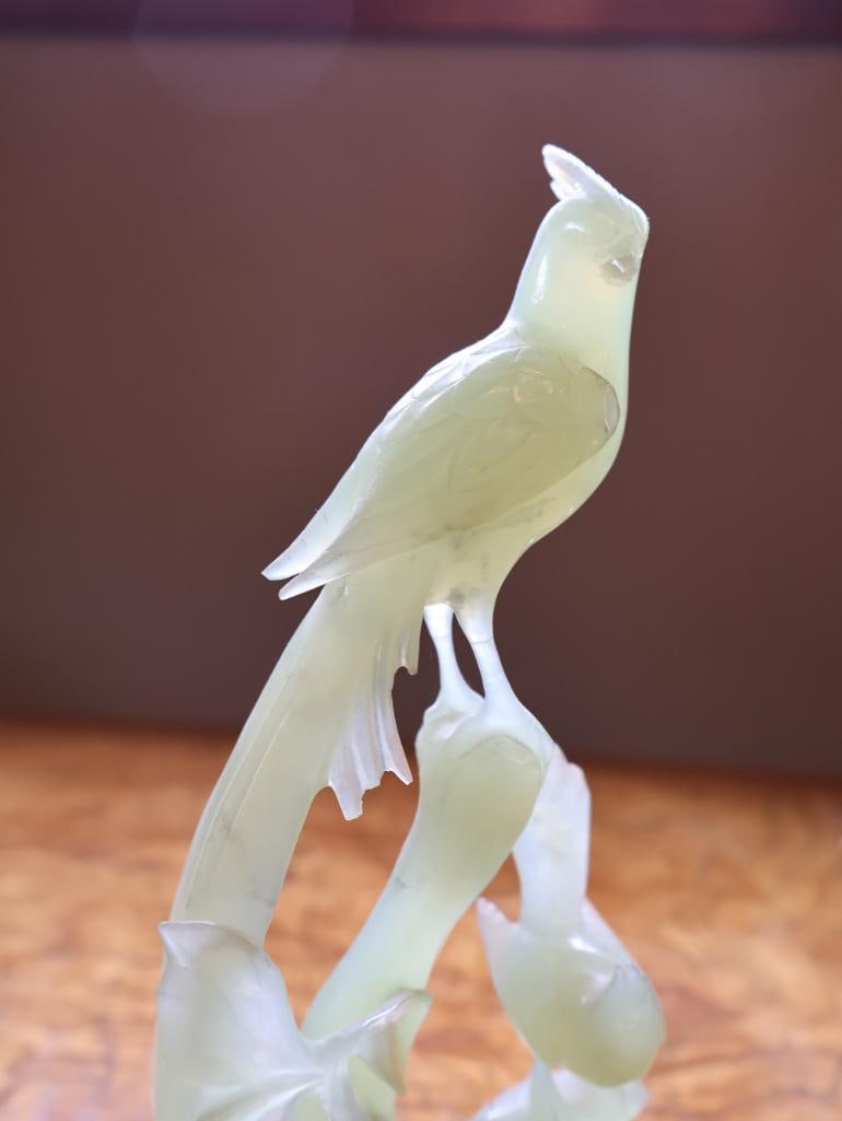 Chinese Carved Pale Green Hardstone Bird & Floral Sculpture on Wood Stand - 5