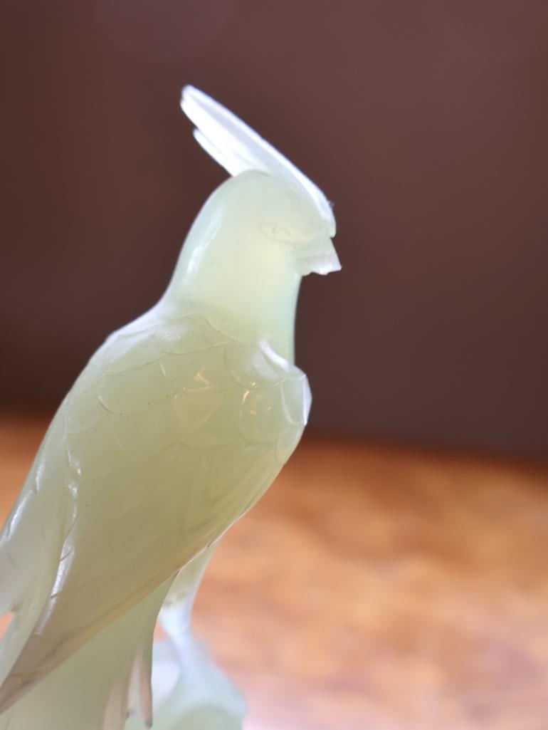 Chinese Carved Pale Green Hardstone Bird & Floral Sculpture on Wood Stand - 6