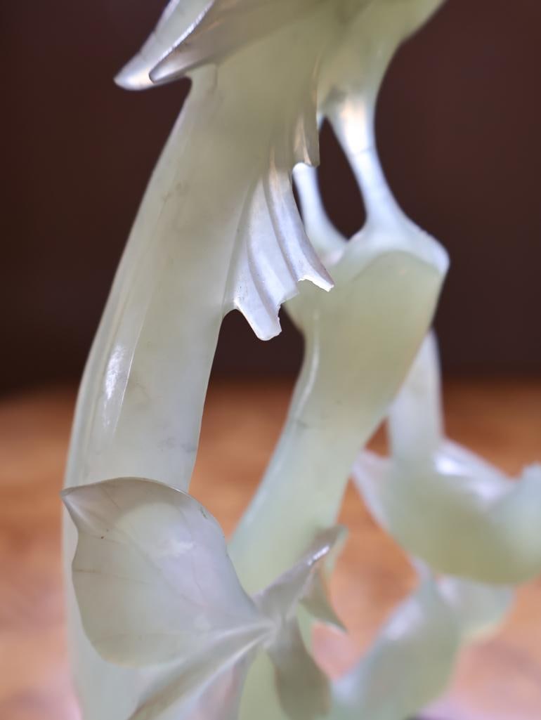 Chinese Carved Pale Green Hardstone Bird & Floral Sculpture on Wood Stand - 7