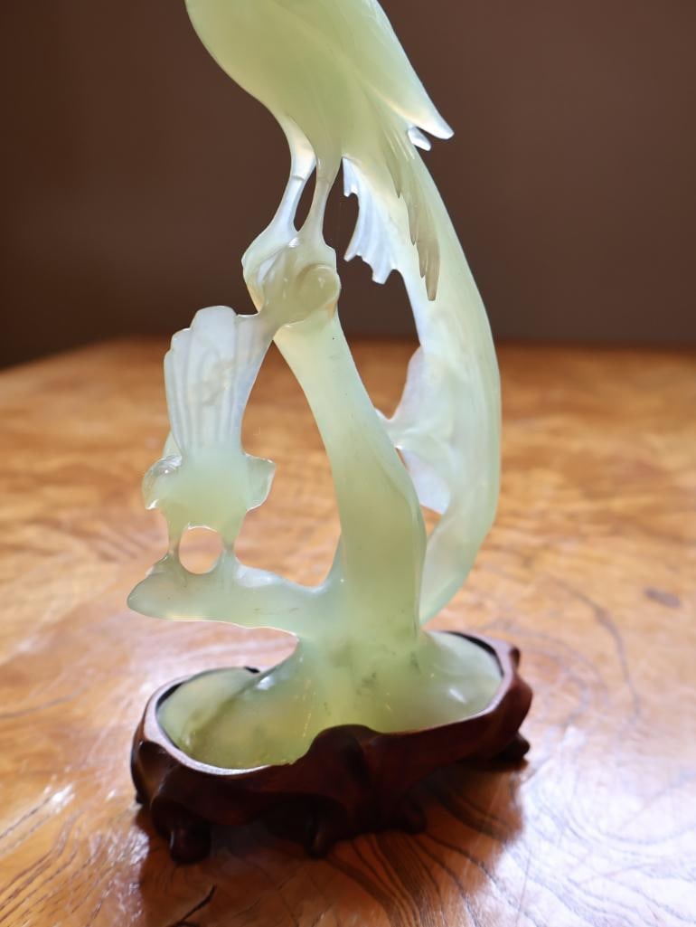 Chinese Carved Pale Green Hardstone Bird & Floral Sculpture on Wood Stand - 8