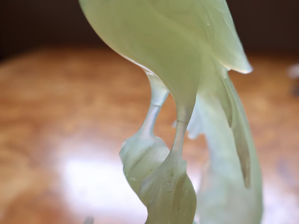 Chinese Carved Pale Green Hardstone Bird & Floral Sculpture on Wood Stand - 9