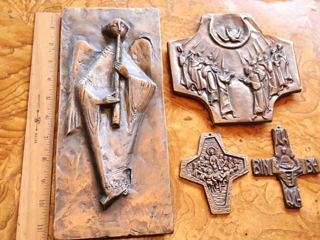 Collection of Christian Bronze Religious Wall Plaques & Crosses - 2